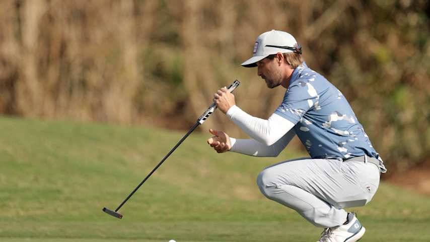 Austin Cook of the United States lines up a putt on the second green during the second round of the Butterfield Bermuda Championship 2025 at Port Royal Golf Course on November 14, 2025 in Southampton, Bermuda. (Kenneth Richmond/Getty Images)