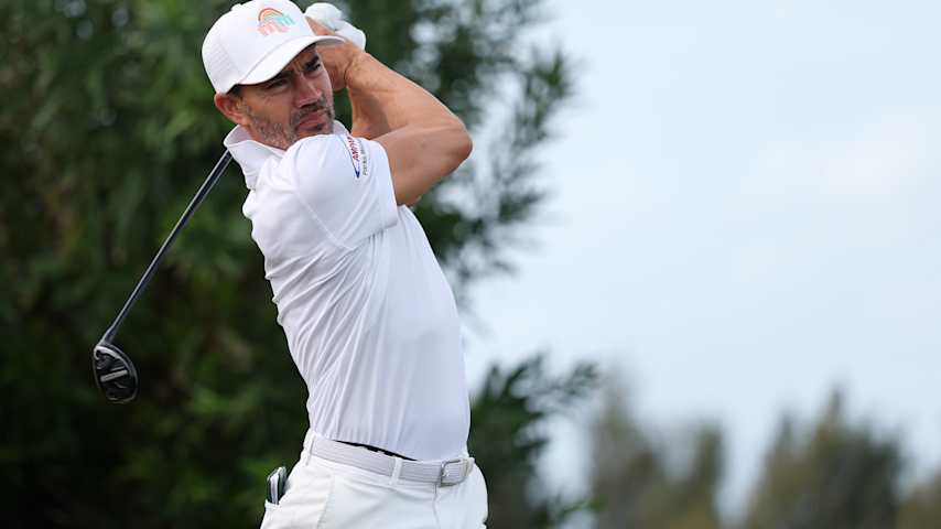 Camilo Villegas of Colombia plays his shot from the first tee during the second round of the Butterfield Bermuda Championship 2025 at Port Royal Golf Course on November 14, 2025 in Southampton, Bermuda. (Kenneth Richmond/Getty Images)