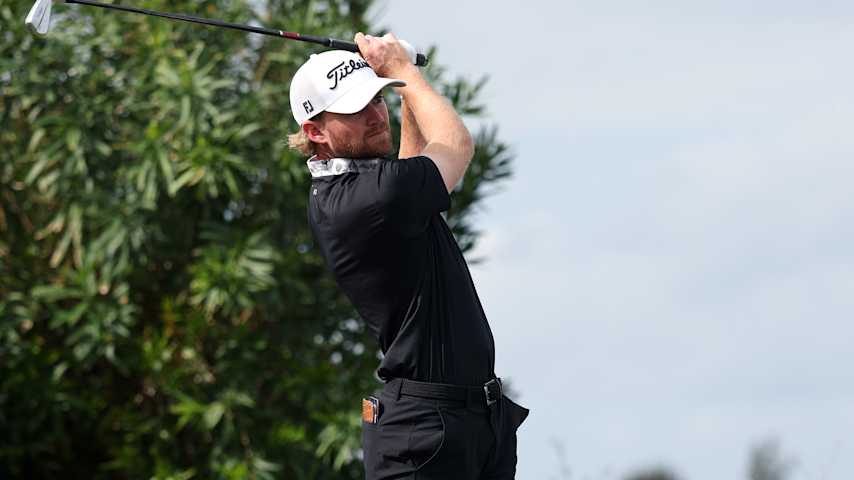 Danny Walker of the United States plays his shot from the first tee during the second round of the Butterfield Bermuda Championship 2025 at Port Royal Golf Course on November 14, 2025 in Southampton, Bermuda. (Kenneth Richmond/Getty Images)