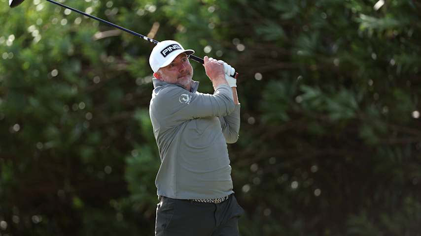 David Skinns of England plays his shot from the fourth tee during the third round of the Butterfield Bermuda Championship 2025 at Port Royal Golf Course on November 15, 2025 in Southampton, Bermuda. (Mike Mulholland/Getty Images)