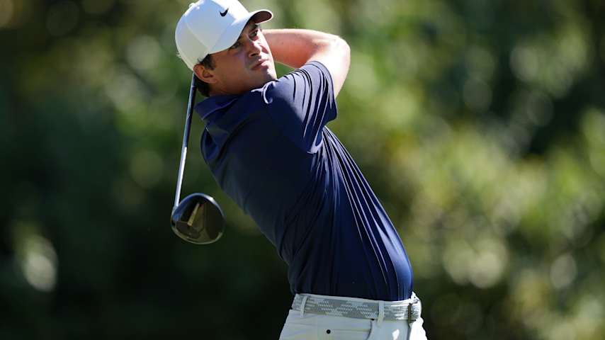 Davis Thompson of the United States plays a shot from the 16th tee during the second round of the Sanderson Farms Championship 2025 at The Country Club of Jackson on October 03, 2025 in Jackson, Mississippi. (Raj Mehta/Getty Images)