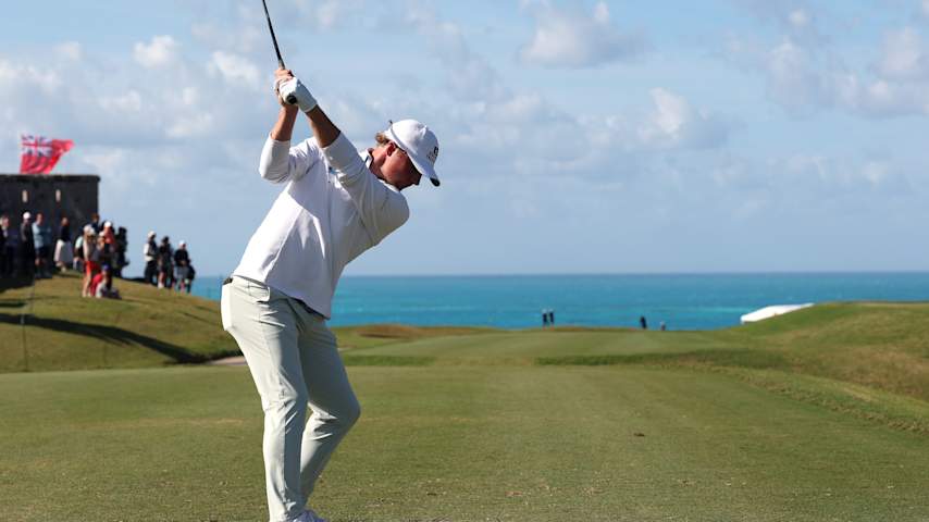 Frankie Capan III of the United States plays his shot from the 15th tee during the final round of the Butterfield Bermuda Championship 2025 at Port Royal Golf Course on November 16, 2025 in Southampton, Bermuda. (Kenneth Richmond/Getty Images)