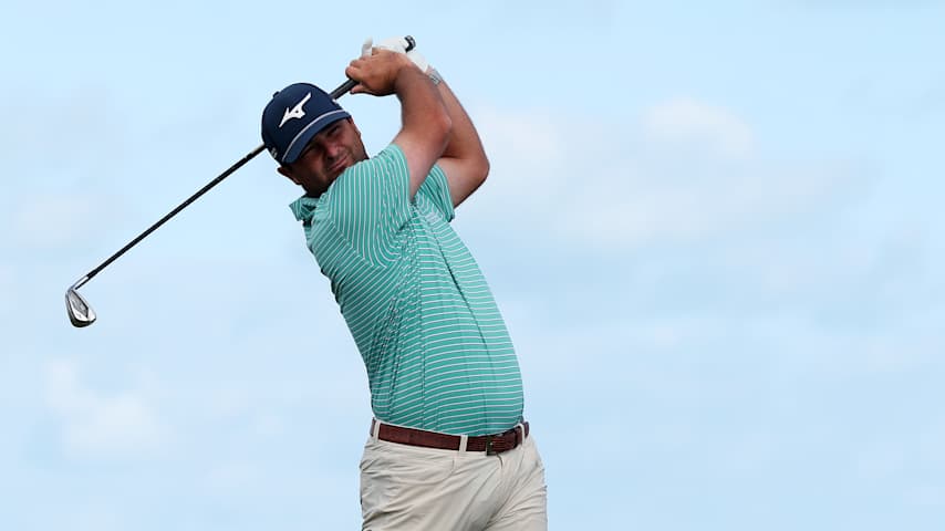 Greyson Sigg of the United States plays his shot from the 10th teeduring the first round of the Butterfield Bermuda Championship 2025 at Port Royal Golf Course on November 13, 2025 in Southampton, Bermuda. (Kenneth Richmond/Getty Images)