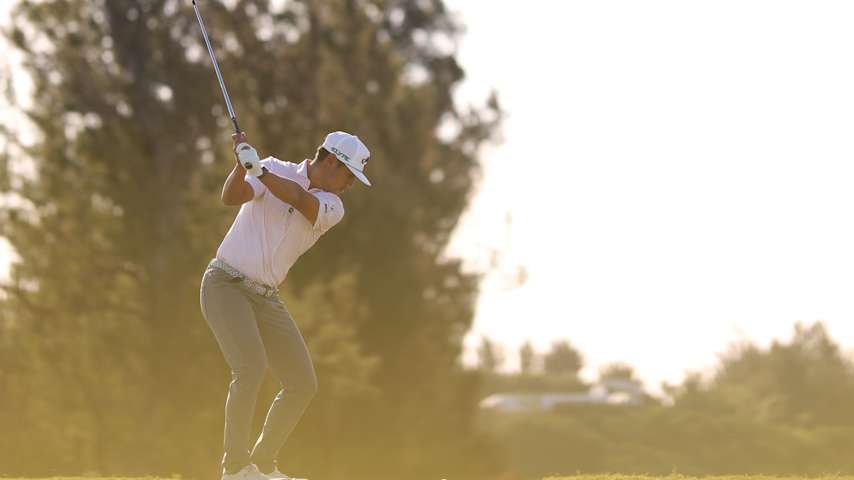 Isaiah Salinda of the United States plays his shot from the 10th tee during the final round of the Butterfield Bermuda Championship 2025 at Port Royal Golf Course on November 16, 2025 in Southampton, Bermuda. (Mike Mulholland/Getty Images)