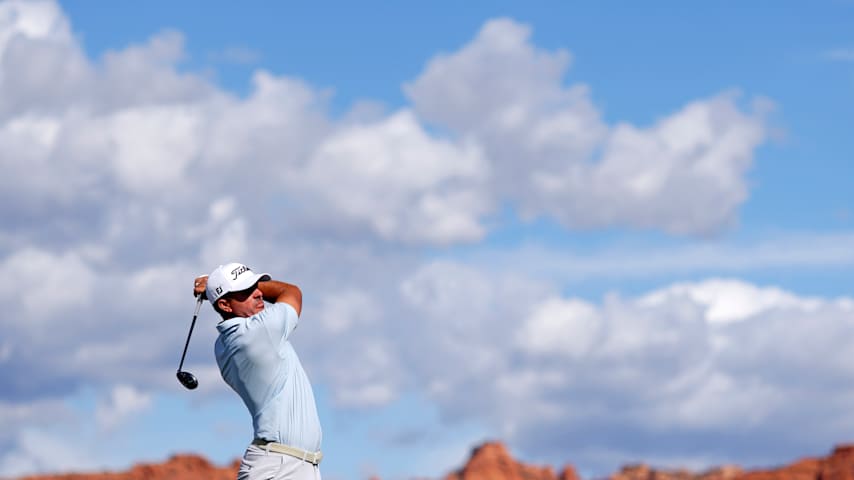 Joseph Bramlett of the United States plays his shot from the fourth tee during the first round of the Bank of Utah Championship 2025 at Black Desert Resort on October 23, 2025 in St George, Utah. (Justin Edmonds/Getty Images)