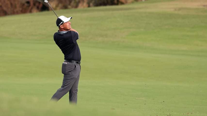 Justin Lower of the United States plays a shot on the tenth hole during the second round of the Butterfield Bermuda Championship 2025 at Port Royal Golf Course on November 14, 2025 in Southampton, Bermuda. (Kenneth Richmond/Getty Images)