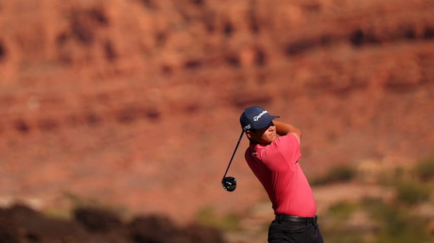Karl Vilips of Australia plays his shot from the fourth tee during the final round of the Bank of Utah Championship 2025 at Black Desert Resort on October 26, 2025 in St George, Utah. (Mike Mulholland/Getty Images)