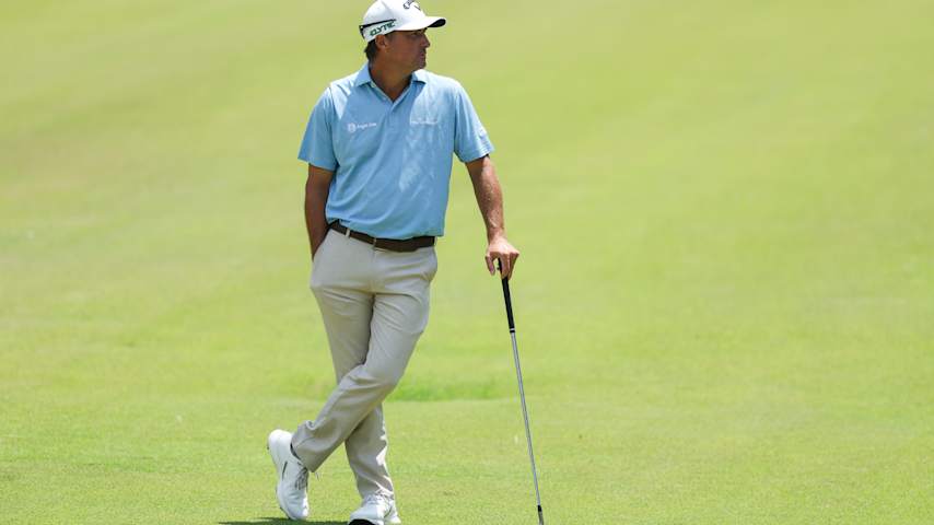 Kevin Kisner looks on while playing the fourth hole on day four of the ISCO Championship 2025 at Hurstbourne Country Club on July 13, 2025 in Louisville, Kentucky. (Andy Lyons/Getty Images)