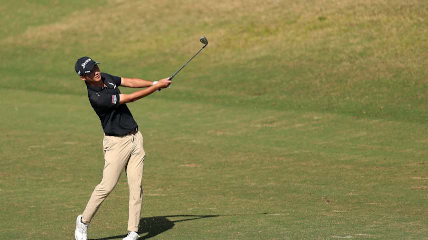 Rikuya Hoshino of Japan plays a shot on the 14th hole during the final round of the Butterfield Bermuda Championship 2025 at Port Royal Golf Course on November 16, 2025 in Southampton, Bermuda. (Kenneth Richmond/Getty Images)