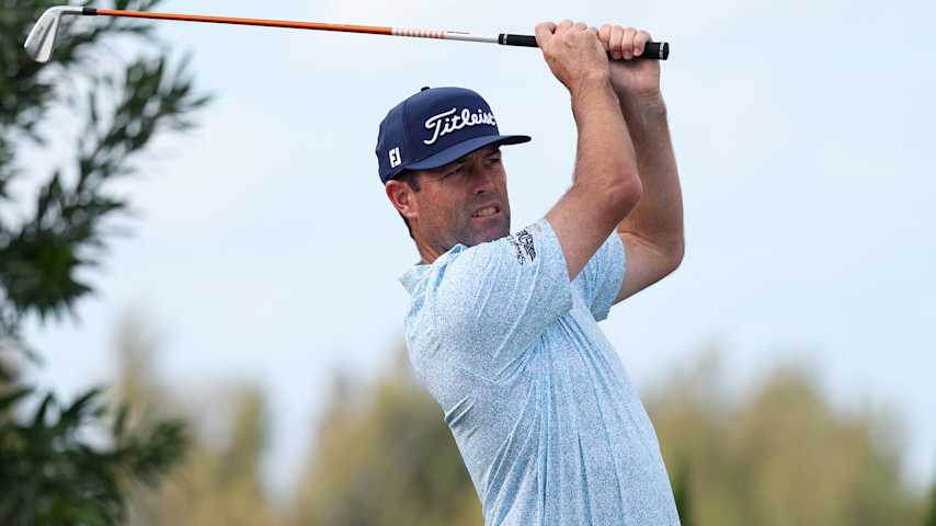Robert Streb of the United States plays his shot from the first tee during the second round of the Butterfield Bermuda Championship 2025 at Port Royal Golf Course on November 14, 2025 in Southampton, Bermuda. (Kenneth Richmond/Getty Images)