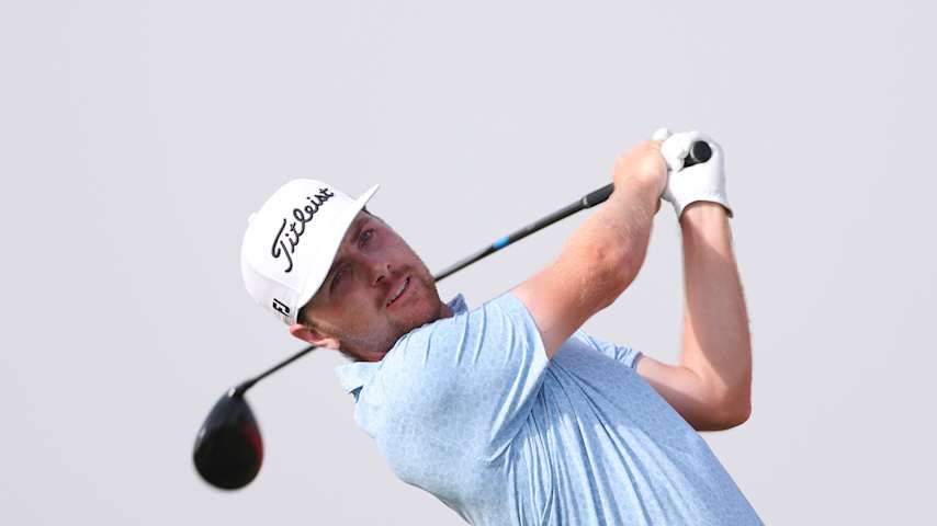 Ryan Gerard of the United States tees off on the sixth hole on day two of the Abu Dhabi HSBC Championship 2025 at Yas Links Golf Course on November 07, 2025 in Abu Dhabi, United Arab Emirates. (Andrew Redington/Getty Images)