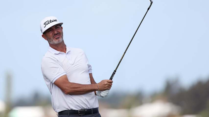 Scott Piercy of the United States plays his shot from the 10th tee during the second round of the Butterfield Bermuda Championship 2025 at Port Royal Golf Course on November 14, 2025 in Southampton, Bermuda. (Mike Mulholland/Getty Images)