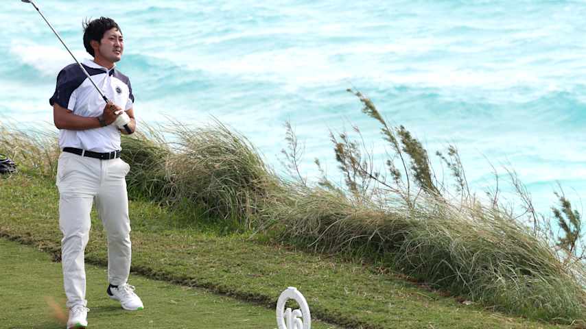Takumi Kanaya of Japan plays his shot from the 16th tee during the final round of the Butterfield Bermuda Championship 2025 at Port Royal Golf Course on November 16, 2025 in Southampton, Bermuda. (Kenneth Richmond/Getty Images)