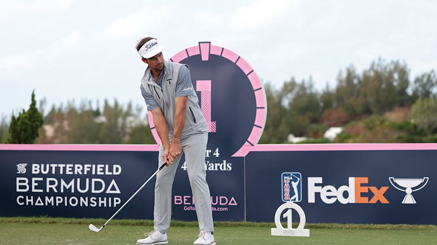 Trevor Cone of the United States prepares to play his shot from the first tee during the second round of the Butterfield Bermuda Championship 2025 at Port Royal Golf Course on November 14, 2025 in Southampton, Bermuda. (Kenneth Richmond/Getty Images)