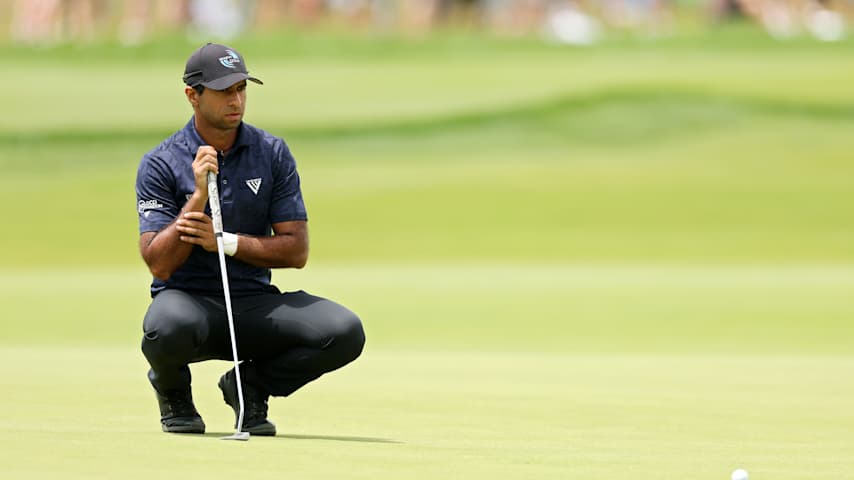 Aaron Rai of England lines up a putt during the third round of the 125th U.S. OPEN at Oakmont Country Club on June 14, 2025 in Oakmont, Pennsylvania. (Andy Lyons/Getty Images)