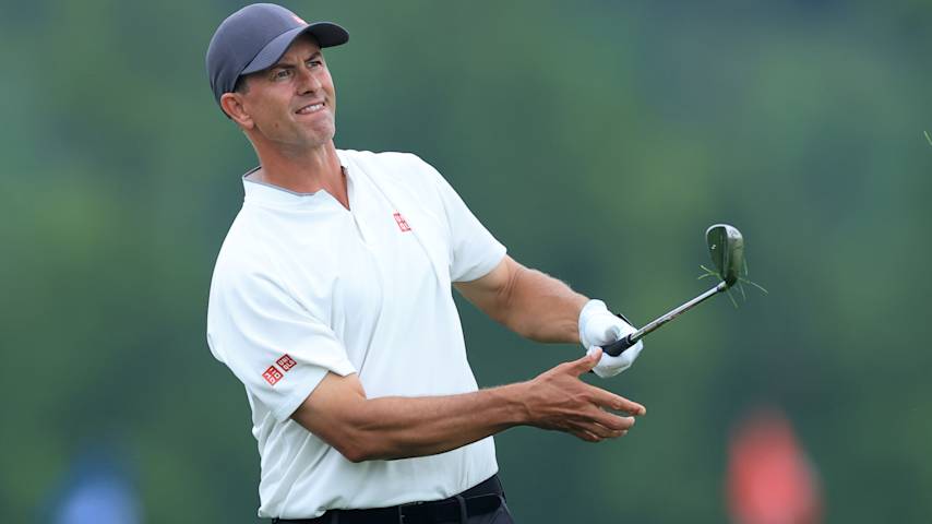 Adam Scott of Australia hits his third shot on the 14h hole during the final round of the 125th U.S. OPEN at Oakmont Country Club on June 15, 2025 in Oakmont, Pennsylvania. (David Cannon/Getty Images)