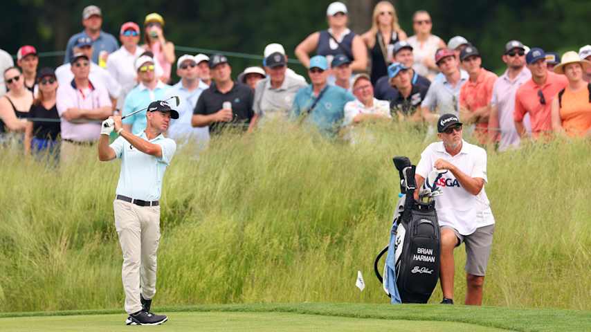 Brian Harman of the United States hits an approach shot on the ninth hole during the second round of the 125th U.S. OPEN at Oakmont Country Club on June 13, 2025 in Oakmont, Pennsylvania. (Gregory Shamus/Getty Images)