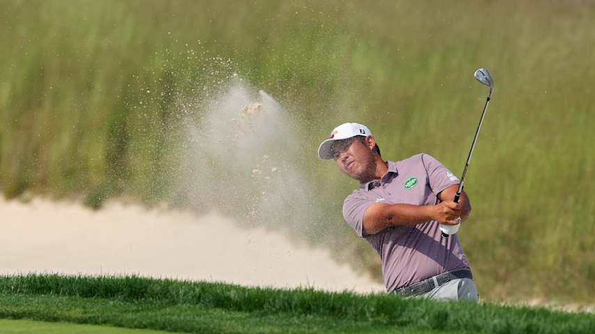 Byeong Hun An of South Korea plays a shot from the bunker on the 14th hole during the first round of the 125th U.S. OPEN at Oakmont Country Club on June 12, 2025 in Oakmont, Pennsylvania. (Andy Lyons/Getty Images)