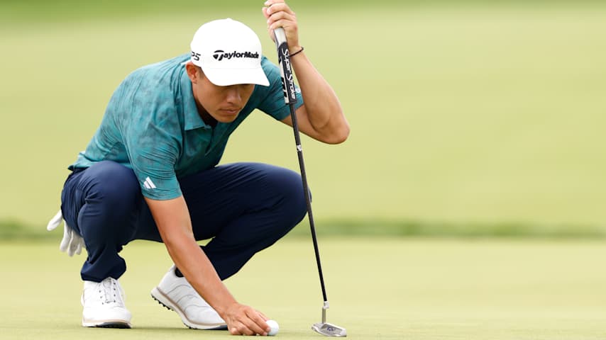 Collin Morikawa of the United States lines up a putt on the seventh green during the final round of the 125th U.S. OPEN at Oakmont Country Club on June 15, 2025 in Oakmont, Pennsylvania. (Cliff Hawkins/Getty Images)