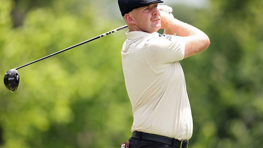 Harry Hall of England plays his shot from the sixth tee during the third round of the Charles Schwab Challenge 2025 at Colonial Country Club on May 24, 2025 in Fort Worth, Texas. (Sam Hodde/Getty Images)