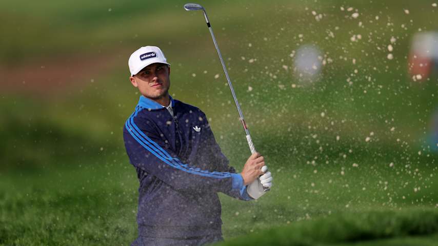 Ludvig Ã
berg of Sweden plays a shot from the bunker on the 12th hole during a practice round prior to the 125th U.S. OPEN at Oakmont Country Club on June 11, 2025 in Oakmont, Pennsylvania. (Andrew Redington/Getty Images)