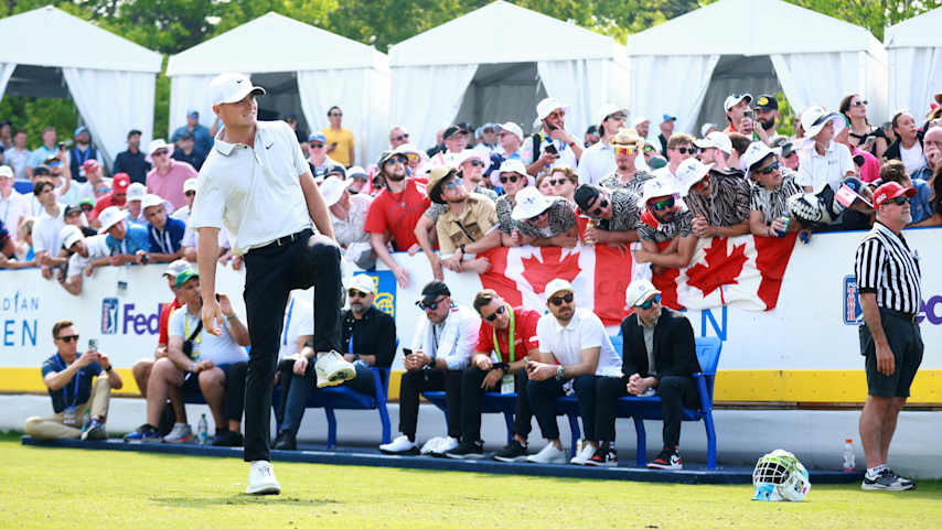 Luke Clanton of the United States reacts to his tee shot on the 14th tee during the second round of the RBC Canadian Open 2025 at TPC Toronto at Osprey Valley on June 06, 2025 in Caledon, Ontario. (Vaughn Ridley/Getty Images)