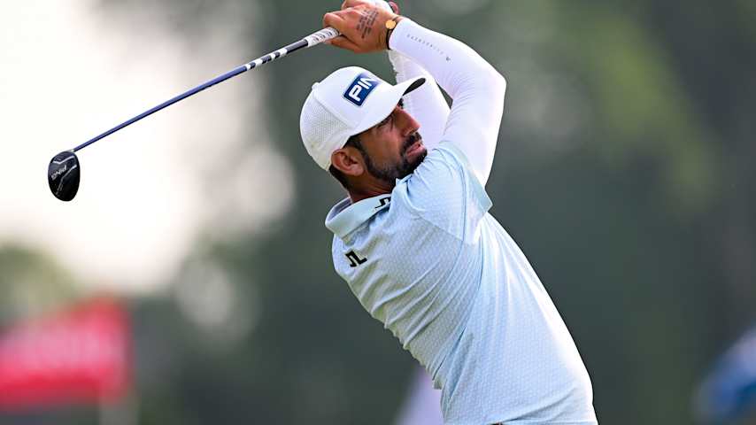 Matthieu Pavon of France plays a shot from the fifth tee during the first round of the 125th U.S. OPEN at Oakmont Country Club on June 12, 2025 in Oakmont, Pennsylvania. (Ross Kinnaird/Getty Images)