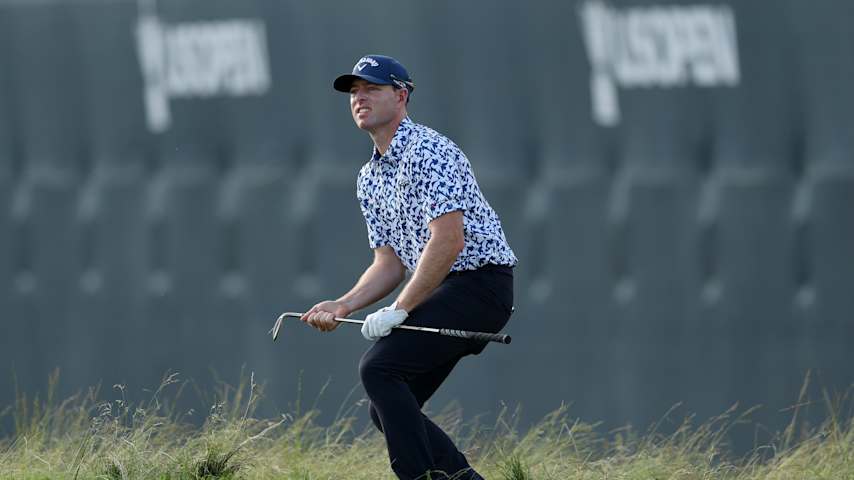 Max Greyserman of the United States watches his shot on the 17th hole during the third round of the 125th U.S. OPEN at Oakmont Country Club on June 14, 2025 in Oakmont, Pennsylvania. (Patrick Smith/Getty Images)