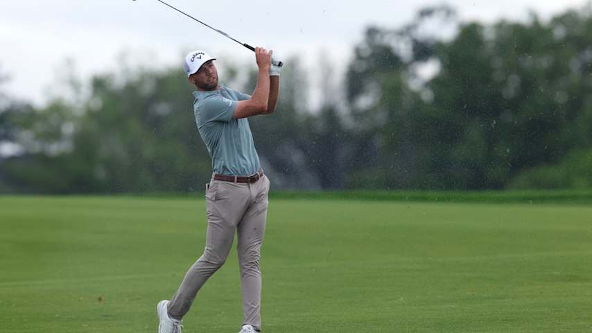 Sam Burns of the United States plays a second shot on the 15th hole during the final round of the 125th U.S. OPEN at Oakmont Country Club on June 15, 2025 in Oakmont, Pennsylvania. (Andy Lyons/Getty Images)