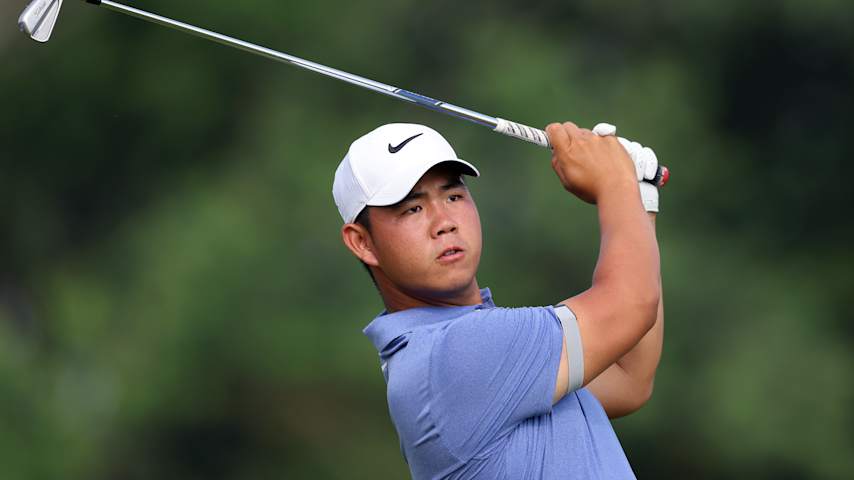 Tom Kim of South Korea hits a tee shot on the 16th hole during the second round of the 125th U.S. OPEN at Oakmont Country Club on June 13, 2025 in Oakmont, Pennsylvania. (Warren Little/Getty Images)