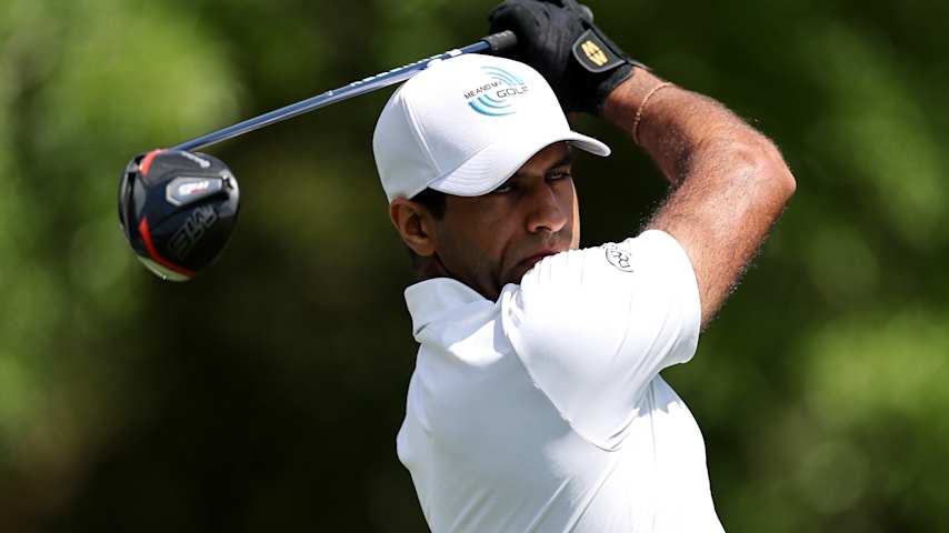 AUGUSTA, GEORGIA - APRIL 12: Aaron Rai of England plays his shot from the fifth tee during the third round of the 2025 Masters Tournament at Augusta National Golf Club on April 12, 2025 in Augusta, Georgia. (Photo by Michael Reaves/Getty Images)