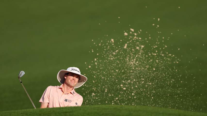 AUGUSTA, GEORGIA - APRIL 10: Joe Highsmith of the United States plays a shot from a bunker on the second hole during the first round of the 2025 Masters Tournament at Augusta National Golf Club on April 10, 2025 in Augusta, Georgia. (Photo by Michael Reaves/Getty Images)