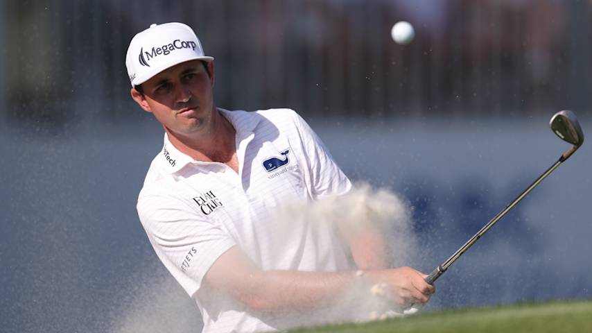 HILTON HEAD ISLAND, SOUTH CAROLINA - APRIL 19: J.T. Poston of the United States plays a shot from a bunker on the 17th hole during the third round of the RBC Heritage 2025 at Harbour Town Golf Links on April 19, 2025 in Hilton Head Island, South Carolina. (Photo by Andrew Redington/Getty Images)