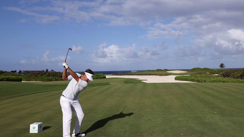 PUNTA CANA, DOMINICAN REPUBLIC - APRIL 20: Keith Mitchell of the United States plays his shot from the sixth tee during the final round of the Corales Puntacana Championship 2025 at Puntacana Resort & Club, Corales Golf Course on April 20, 2025 in Punta Cana, Dominican Republic. (Photo by Andy Lyons/Getty Images)