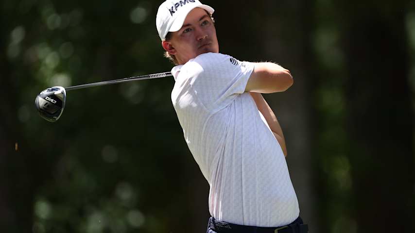HILTON HEAD ISLAND, SOUTH CAROLINA - APRIL 20: Maverick McNealy of the United States plays his shot from the fifth tee during the final round of the RBC Heritage 2025 at Harbour Town Golf Links on April 20, 2025 in Hilton Head Island, South Carolina. (Photo by Jared C. Tilton/Getty Images)
