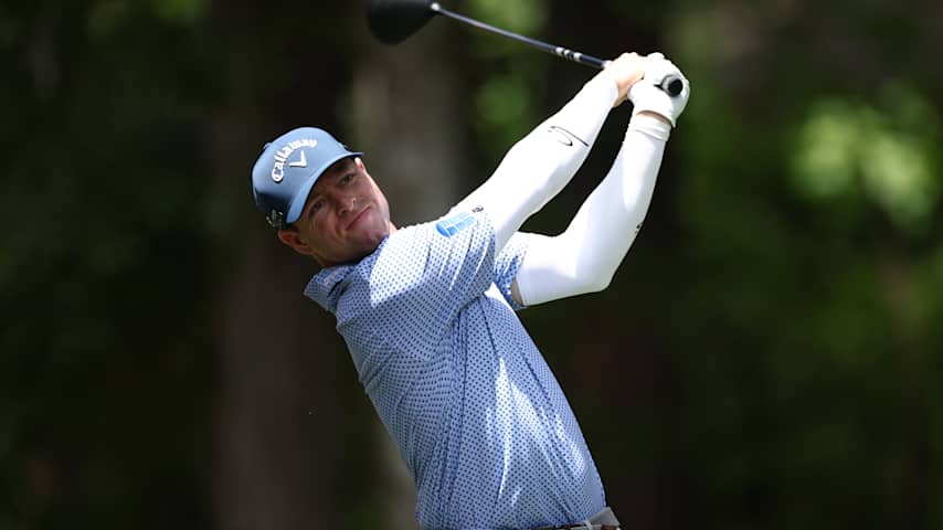 HILTON HEAD ISLAND, SOUTH CAROLINA - APRIL 20: Max Greyserman of the United States plays his shot from the fifth tee during the final round of the RBC Heritage 2025 at Harbour Town Golf Links on April 20, 2025 in Hilton Head Island, South Carolina. (Photo by Jared C. Tilton/Getty Images)