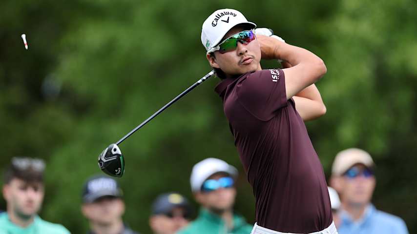 AUGUSTA, GEORGIA - APRIL 12: Min Woo Lee of Australia plays his shot from the fifth tee during the third round of the 2025 Masters Tournament at Augusta National Golf Club on April 12, 2025 in Augusta, Georgia. (Photo by Michael Reaves/Getty Images)