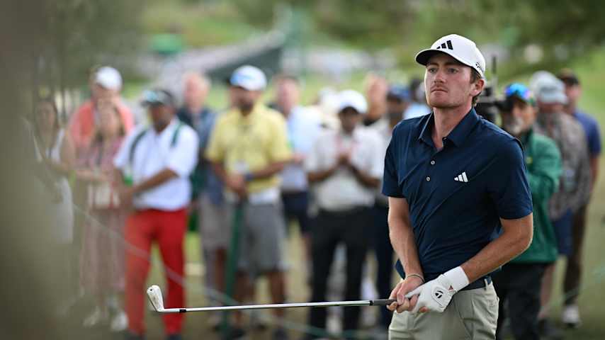 AUGUSTA, GEORGIA - APRIL 11: Nick Dunlap watches his shot on the 17th hole during the second round of Masters Tournament at Augusta National Golf Club on April 11, 2025 in Augusta, Georgia. (Photo by Ben Jared/PGA TOUR via Getty Images)