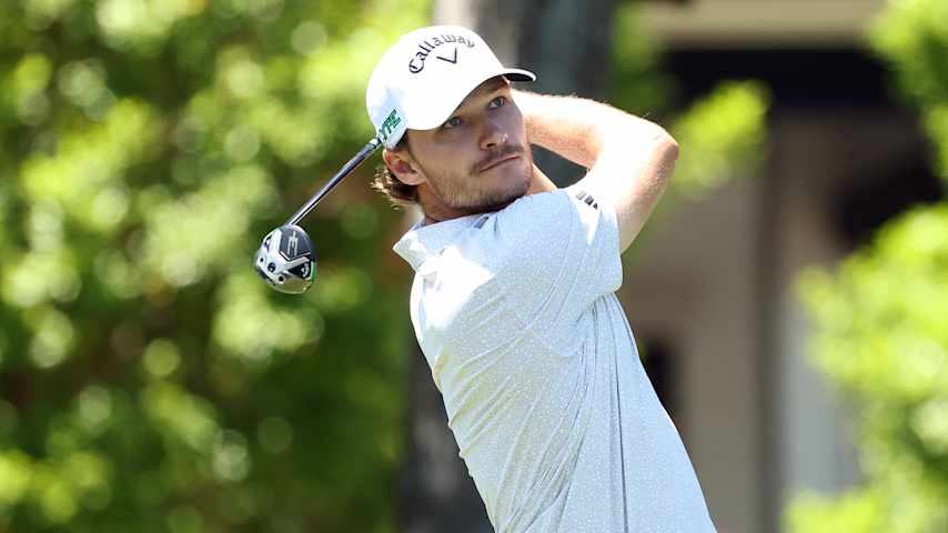 MCKINNEY, TEXAS - MAY 04: Rasmus Højgaard of Denmark plays his shot from the sixth tee during the final round of THE CJ CUP Byron Nelson 2025 at TPC Craig Ranch on May 04, 2025 in McKinney, Texas. (Photo by Stacy Revere/Getty Images)