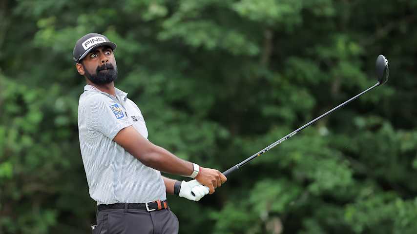 AVONDALE, LOUISIANA - APRIL 26: Sahith Theegala of the United States plays his shot from the fifth tee on day three of the Zurich Classic of New Orleans on April 26, 2025 in Avondale, Louisiana. (Photo by Jonathan Bachman/Getty Images)