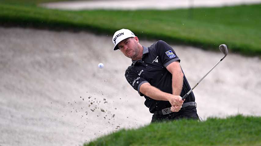MCKINNEY, TEXAS - MAY 02: Taylor Pendrith of Canada plays a shot from a bunker on the 15th hole during the second round of THE CJ CUP Byron Nelson 2025 at TPC Craig Ranch on May 02, 2025 in McKinney, Texas. (Photo by Orlando Ramirez/Getty Images for the CJ Cup)
