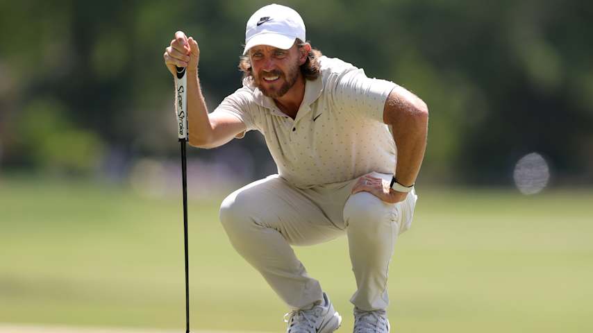 HILTON HEAD ISLAND, SOUTH CAROLINA - APRIL 20: Tommy Fleetwood of England lines up a putt on the fifth green during the final round of the RBC Heritage 2025 at Harbour Town Golf Links on April 20, 2025 in Hilton Head Island, South Carolina. (Photo by Andrew Redington/Getty Images)