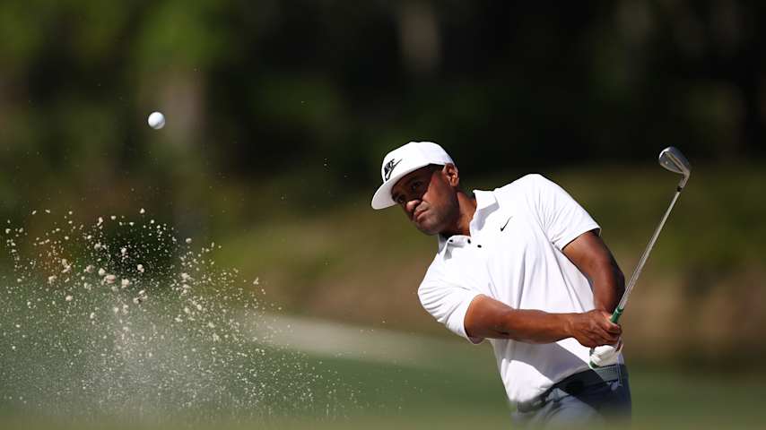 HILTON HEAD ISLAND, SOUTH CAROLINA - APRIL 18: Tony Finau of the United States plays a shot from a bunker on the fifth hole during the second round of the RBC Heritage 2025 at Harbour Town Golf Links on April 18, 2025 in Hilton Head Island, South Carolina. (Photo by Jared C. Tilton/Getty Images)