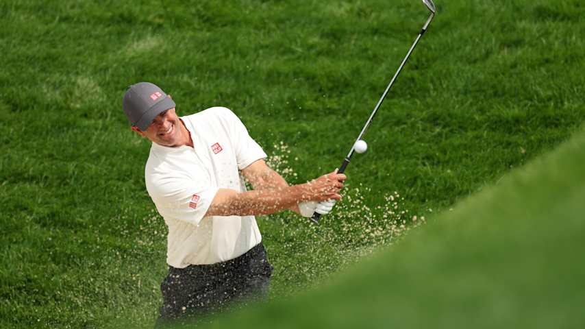 Adam Scott of Australia plays a shot from a bunker on the 17th hole during a practice round prior to the 125th U.S. OPEN at Oakmont Country Club on June 09, 2025 in Oakmont, Pennsylvania. (Andy Lyons/Getty Images)