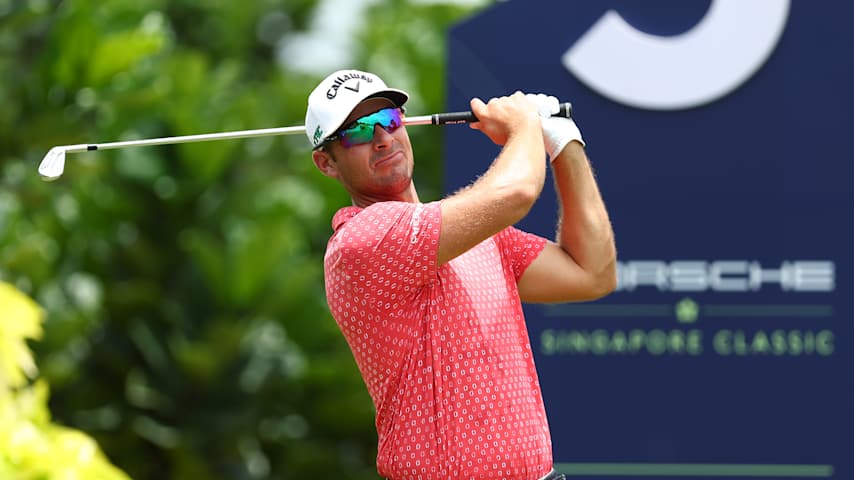 Andrea Pavan of Italy tees off on the fifth hole on day three of the Porsche Singapore Classic 2025 at Laguna National Golf Resort Club on March 22, 2025 in Singapore, Singapore. (Pakawich Damrongkiattisak/Getty Images)