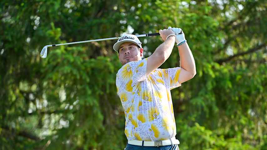 Brady Calkins hits his tee shot on the 18th hole during the second round of the Memorial Health Championship presented by LRS at Panther Creek Country Club on June 30, 2023 in Springfield, Illinois. (Jeff Curry/Getty Images)