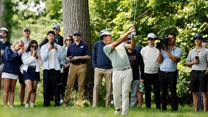 Collin Morikawa of the United States plays a shot on the first hole during the third round of the Memorial Tournament presented by Workday 2025 at Muirfield Village Golf Club on May 31, 2025 in Dublin, Ohio. (Michael Reaves/Getty Images)