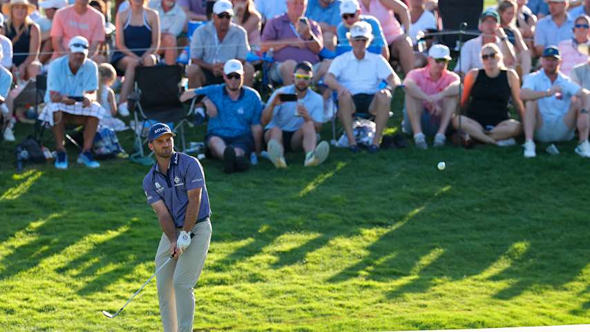 Denny McCarthy of the United States chips onto the 18th green during the third round of the PGA Championship at Quail Hollow Country Club on May 17, 2025 in Charlotte, North Carolina. (Kevin C. Cox/Getty Images)