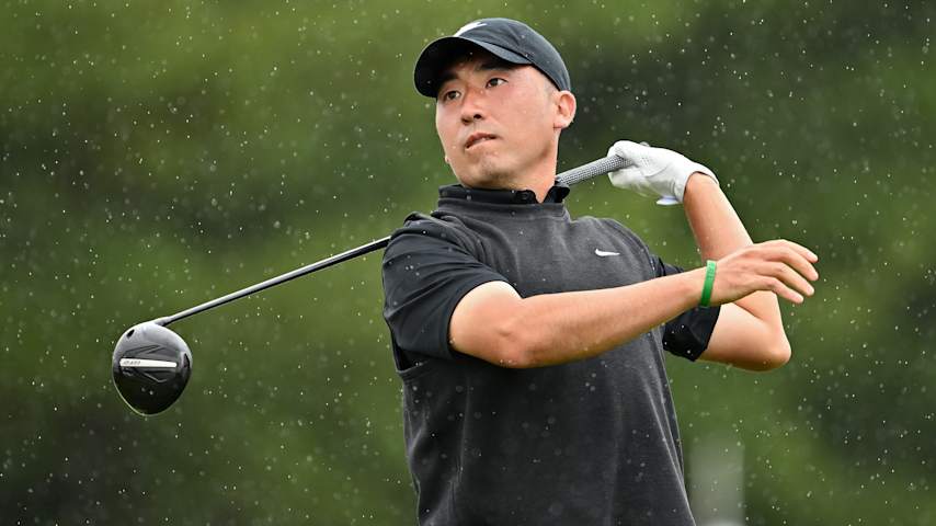 Doug Ghim of the United States plays a shot from the ninth tee during the first round of the RBC Canadian Open 2025 at TPC Toronto at Osprey Valley on June 05, 2025 in Caledon, Ontario. (Minas Panagiotakis/Getty Images)