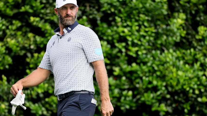 Dustin Johnson of the United States looks on while playing the 12th hole during the second round of the PGA Championship at Quail Hollow Country Club on May 16, 2025 in Charlotte, North Carolina. (Alex Slitz/Getty Images)